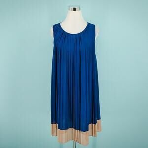 Oroton Size 10 Blue Tan Color Block Sleeveless Pleated Tuckernuck Dress